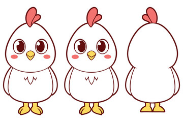 White Cartoon Chicken Character Mascot Front & Back View on Transparent Background