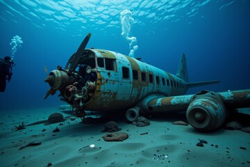 Obraz premium Underwater Airplane Wreck Exploration Divers Investigating Sunken Aircraft in Ocean