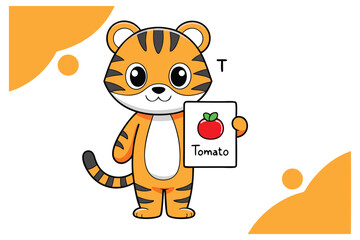 Cartoon Tiger with Striped Fur Holding Tomato Card on White Background Design