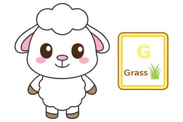 Cute Cartoon Sheep with G Grass Card on White Background Isolated