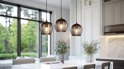 A trio of glass pendant lights with bronze accents hanging over a white marble kitchen island with modern barstools soft natural light filling the space