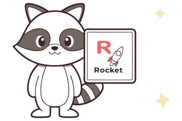 Adorable Raccoon Cartoon Holding Rocket Alphabet Card with Stars