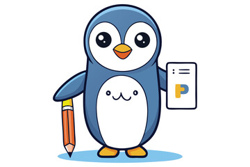 Cartoon Penguin with Pencil & File, White Belly, Blue & Yellow, Isolated Design