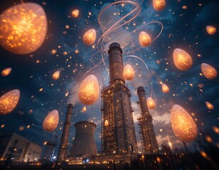 Glowing Eggs Floating Around Factory at Night with Energy Streamers