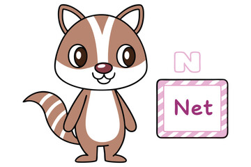 Illustrated Brown Cartoon Raccoon with Letter N and Pink Net on White Background