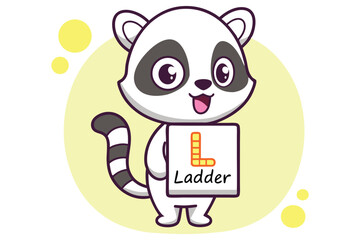 Cartoon Raccoon Holding Ladder Sign in Format with Yellow Background