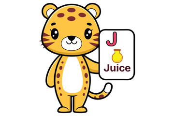Cute Cartoon Spotted Cat Holding Juice Card On White Background