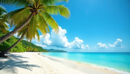 Palm trees sway in the breeze under a blue sky with white fluffy clouds and turquoise water on a warm sandy beach , beach, sand