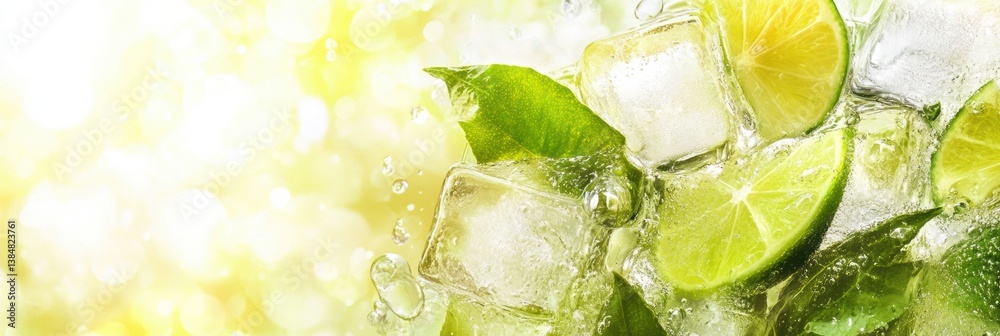 Poster Refreshing cold lemonade with ice and lime slices in a bright summer setting