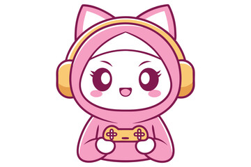 Cute Kawaii Cartoon Girl in Pink Hoodie and Headset Holding a Controller
