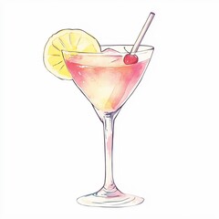 A cute, hand-drawn illustration of cocktail. The drink is in the shape and glass style of traditional French watercolor illustrations. It's in pastel colors against a white background