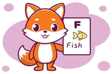 Cute Cartoon Fox Holding 'F' Flashcard with Fish, Alphabet