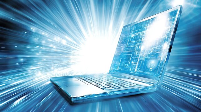 Laptop speed, digital technology, futuristic background, rapid data processing