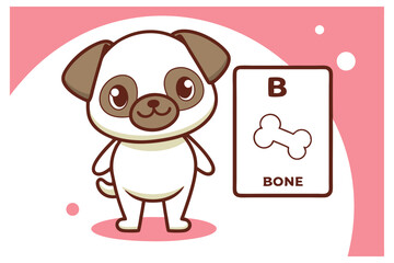 Cute Cartoon Pug Puppy Standing Next to Bone Card, Playful Cartoon Character