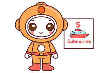 Cute Cartoon Diver Character with Submarine Sign Isolated on White Background