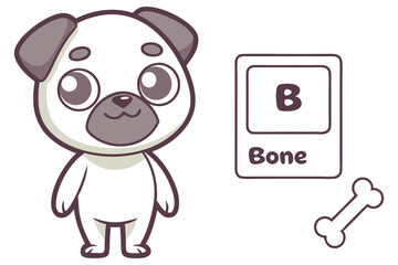 Cartoon Pug Character with Bone Card and Bone on White