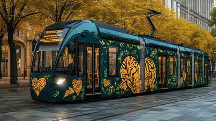 Obraz premium Modern tram decorated with nature-inspired art. Tram in urban setting, autumn leaves on trees
