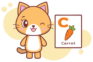Playful Cartoon Cat with Carrot Alphabet Card on a Light Yellow Background