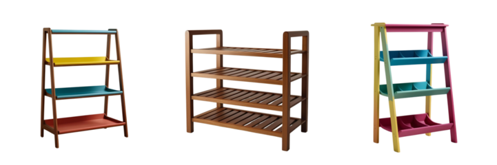  Set of A color Wooden shoe rack with three shelves isolated on a transparent background