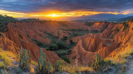 Sunset over the breathtaking Tatacoa Desert in Colombia, a stunning panorama of red canyons, cacti and vibrant hues painting the sky.