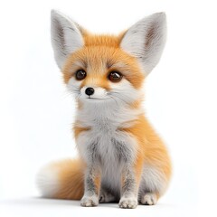 An adorable fluffy Fennec fox kit sits on a white background looking directly at the viewer with big expressive eyes.
