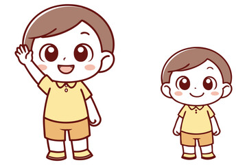 Cheerful Little Boy Waving Hand Cartoonish Style on White Background