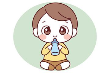 Cute Baby Cartoon Sitting Holding and Drinking from Blue Bottle, on Green
