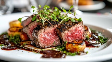 Seared fillet steak with roasted potatoes and red wine reduction.