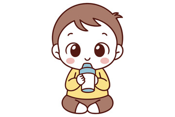 Cartoon Baby Sipping From Bottle, Sitting on a White Background, Cute