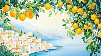 Watercolor of Lemon tree in Traditional greek Santorini house with bougainvillea flowers,Greece islands blue white traditional cafe restaurant architecture,Santorini blue door window,Mediterranean.