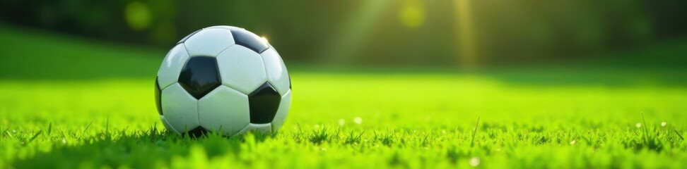 Naklejka premium Soccer ball on green grass, green grass soccer field, sports equipment