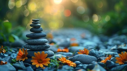 Obraz premium Balanced stones, zen garden, sunlight, orange flowers