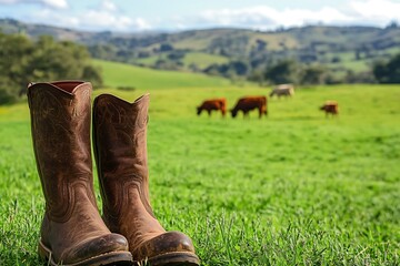 A Pair of Brown Boots Placed on a Lush Green Field with Nature Background