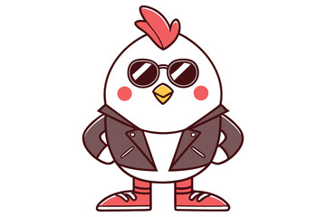 Cartoon Cool Chicken Character with Sunglasses and Jacket on White Background