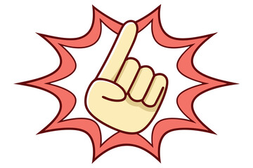 Cartoon hand gesture with pointing finger and pink starburst shape on white background