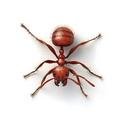 A detailed close-up studio shot of a single red ant isolated on a pure white background shows incredible detail and texture.