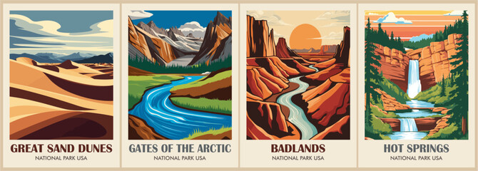 A collection of posters featuring various national parks and mountain ranges. The postcards are arranged in a grid and include Great Sand Dunes, Gates of the Arctic, Badlands, Hot Springs.