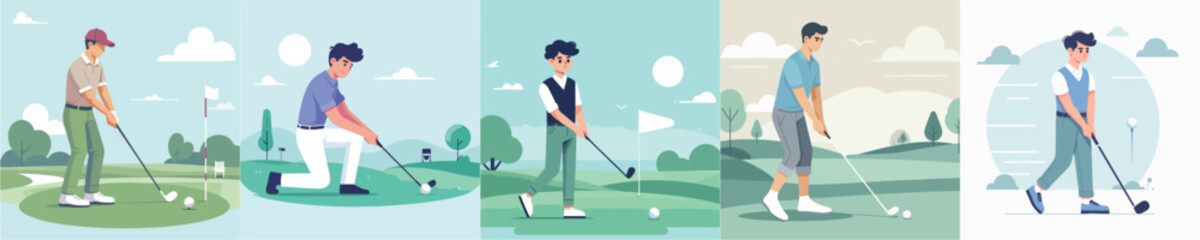 vector collection of young men playing golf