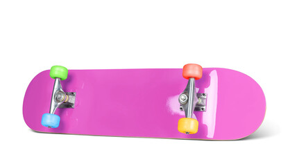 A vibrant skateboard with a glossy pink deck and multicolored wheels—blue, green, yellow, and red, isolated on a transparent background png.