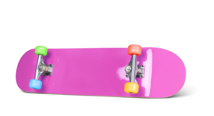 A vibrant skateboard with a glossy pink deck and multicolored wheels—blue, green, yellow, and red, isolated on a transparent background png.