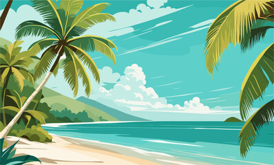 Fototapeta premium A tropical beach scene with palm trees and a sandy shoreline. The sky is blue and there are some clouds. Scene is peaceful and relaxing