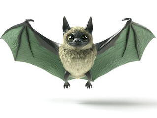 An adorable cartoon bat with large eyes and green wings is flying against a white background perfect for Halloween or children's illustrations.