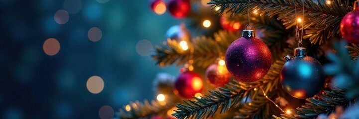 Obraz premium Vibrant tree adorned with multicolored ornaments and twinkling string lights, tree, holiday