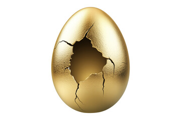 Cracked golden egg with hollow center isolated on white transparent background. The broken shell symbolizes wealth, fragility, and opportunity