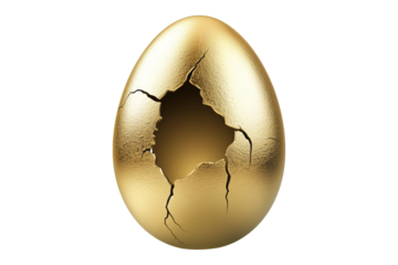 Cracked golden egg with hollow center isolated on white transparent background. The broken shell symbolizes wealth, fragility, and opportunity