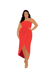 Beautiful curvy Woman in fashion dress for Christmas, New year, evening, cocktail party, event. Pretty plus size girl in luxury clothes. Flat vector realistic illustration isolated