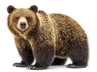 Fototapeta premium A young brown bear stands majestically against a pure white background showcasing its thick luxurious fur and powerful stance.