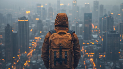Man with a hiking backpack standing with his back against the gloomy foggy cityscape.