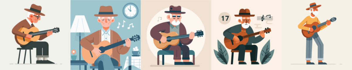 collection of vectors of grandfather playing guitar