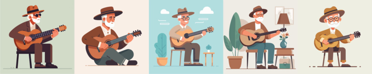 collection of vectors of grandfather playing guitar